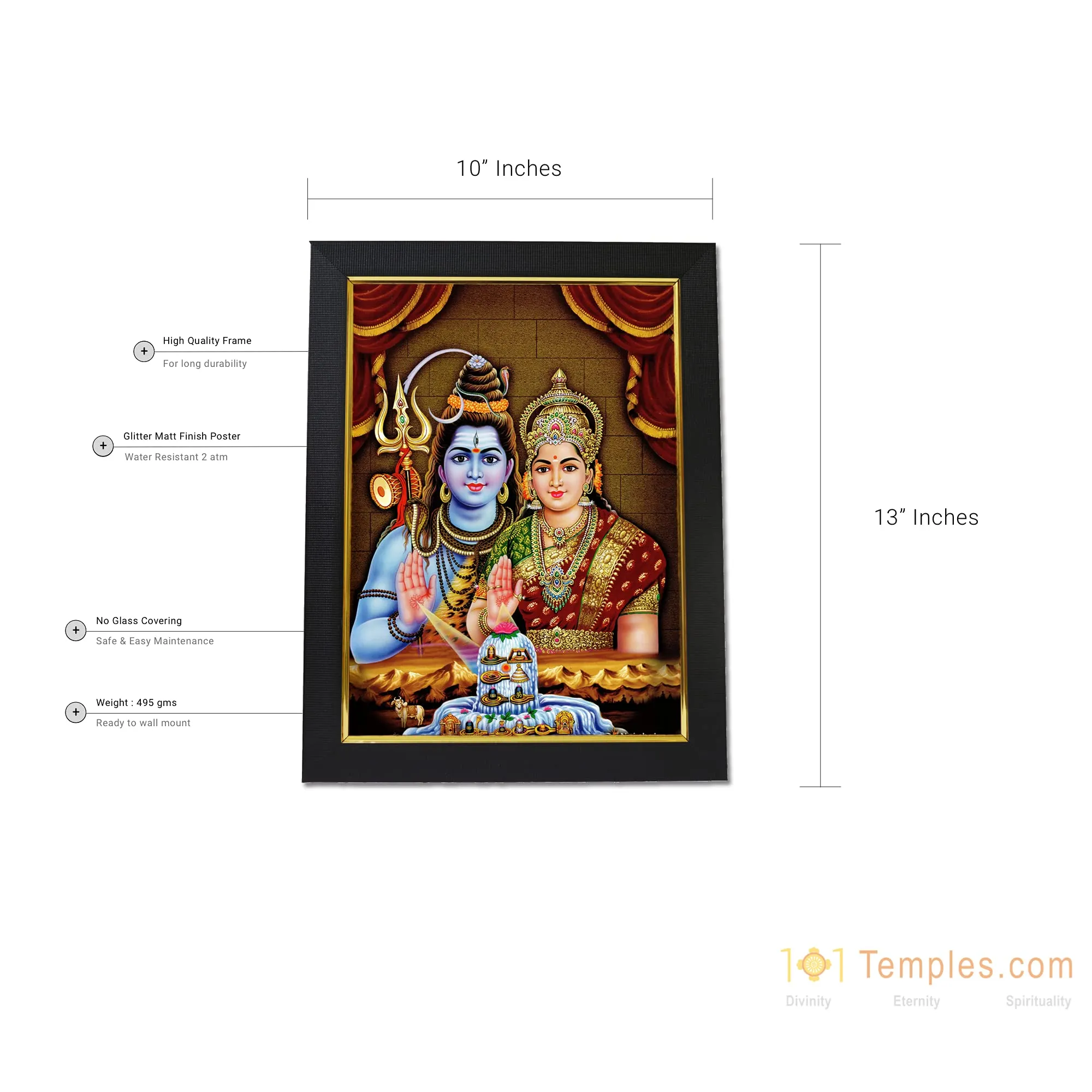 101Temples - Divinity Eternity Spirituality Shiva Parvathi God Wooden Photo Frame with Wall Hook, 1 Piece | 10” x 13”, Matt Finish