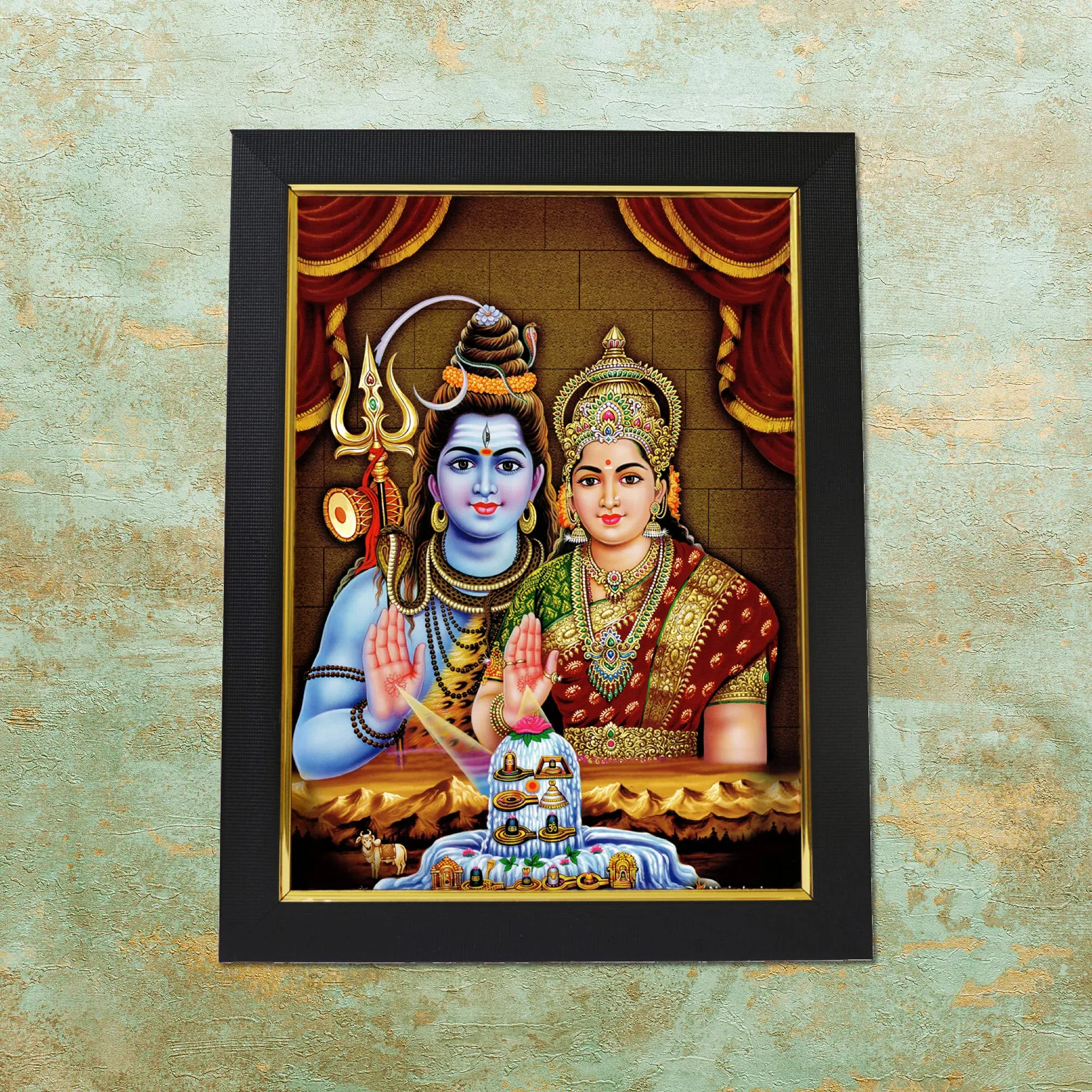 101Temples - Divinity Eternity Spirituality Shiva Parvathi God Wooden Photo Frame with Wall Hook, 1 Piece | 10” x 13”, Matt Finish