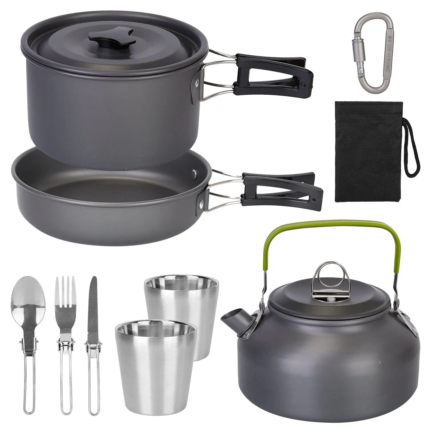 12Pcs Camping Cookware Set Camping Stove Aluminum Pot Pans Kit for Hiking Picnic Outdoor with Cup Fork Spoon Knife - Black