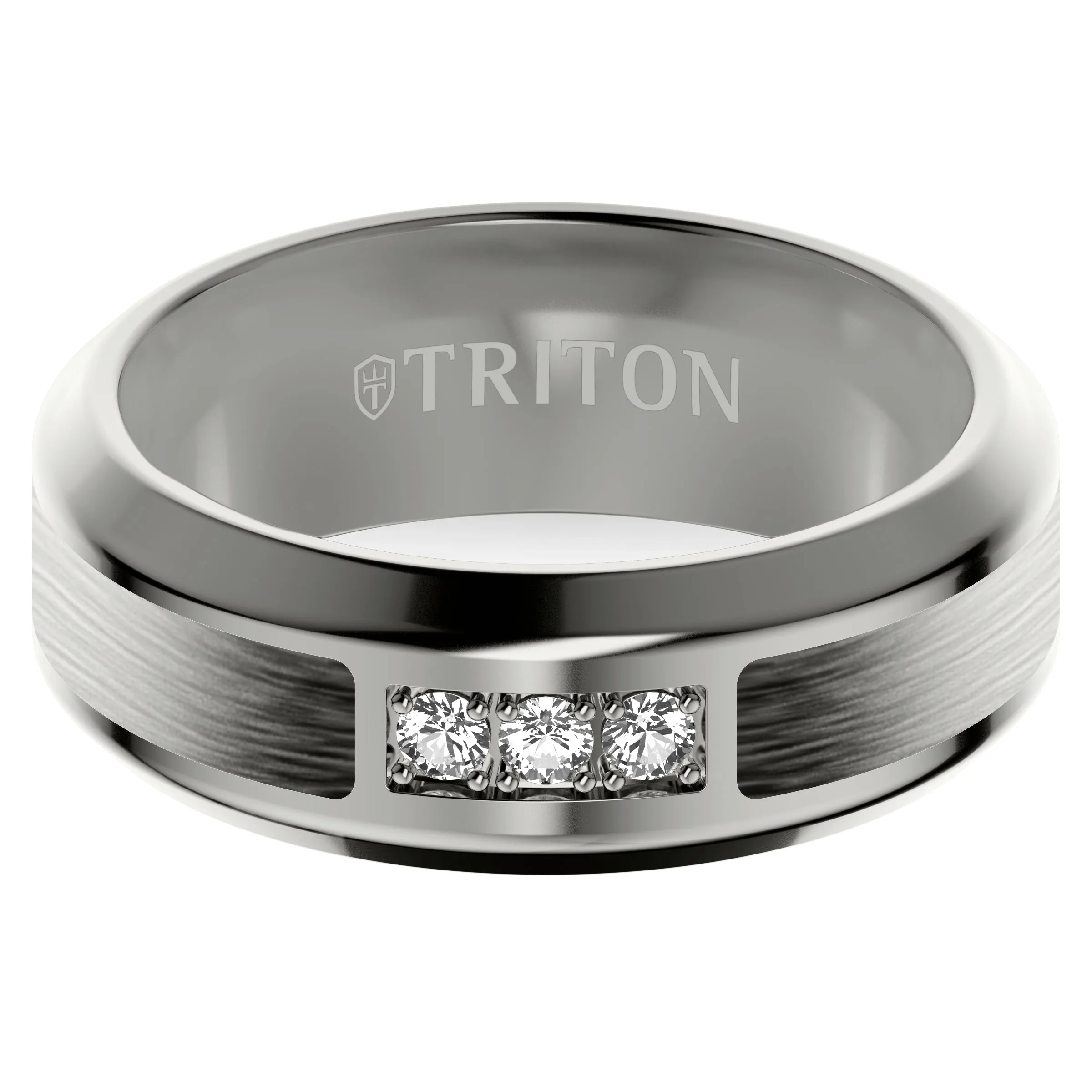 8MM Tantalum Ring - Three-Stone Lab-Created Diamonds and Wide Grey Inlay with Bevel Edge