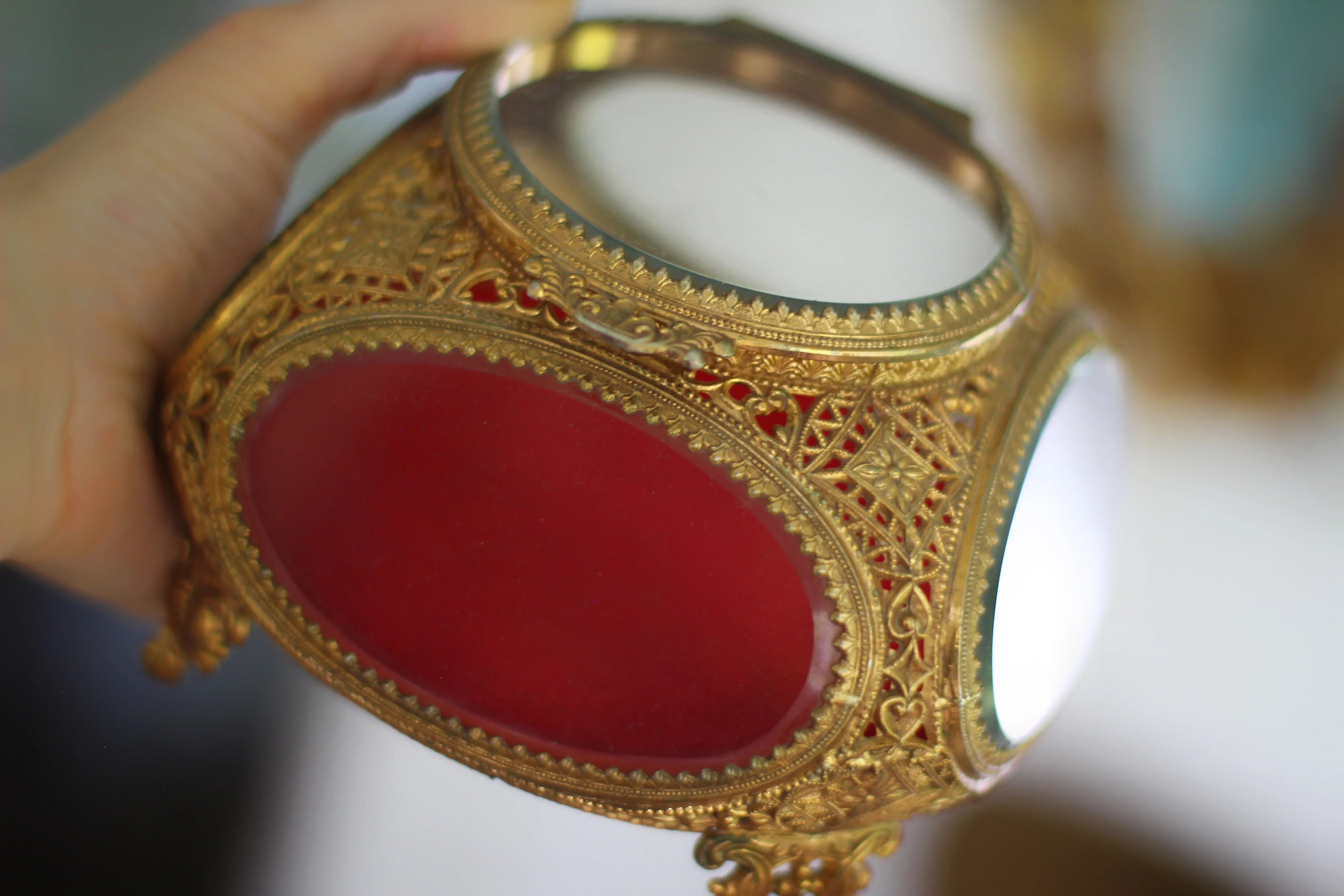 Antique Red Velvet Filigree Glass Jewelry Box