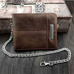 Badass Brown Leather Men's Bifold Small Biker Wallets Chain Wallet Brown Wallet with chain For Men