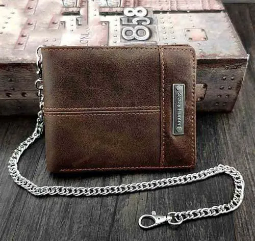 Badass Brown Leather Men's Bifold Small Biker Wallets Chain Wallet Brown Wallet with chain For Men