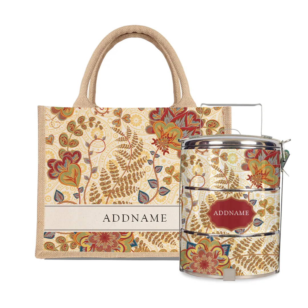 Batik Series - Mawar Half Lining Small Jute Bag and Tiffin Carrier