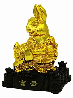 Betterdecor Feng Shui Gold Chinese Zodiac Rabbit on Treasure Statue Home Office Decoration for Good Luck (Rabbit)