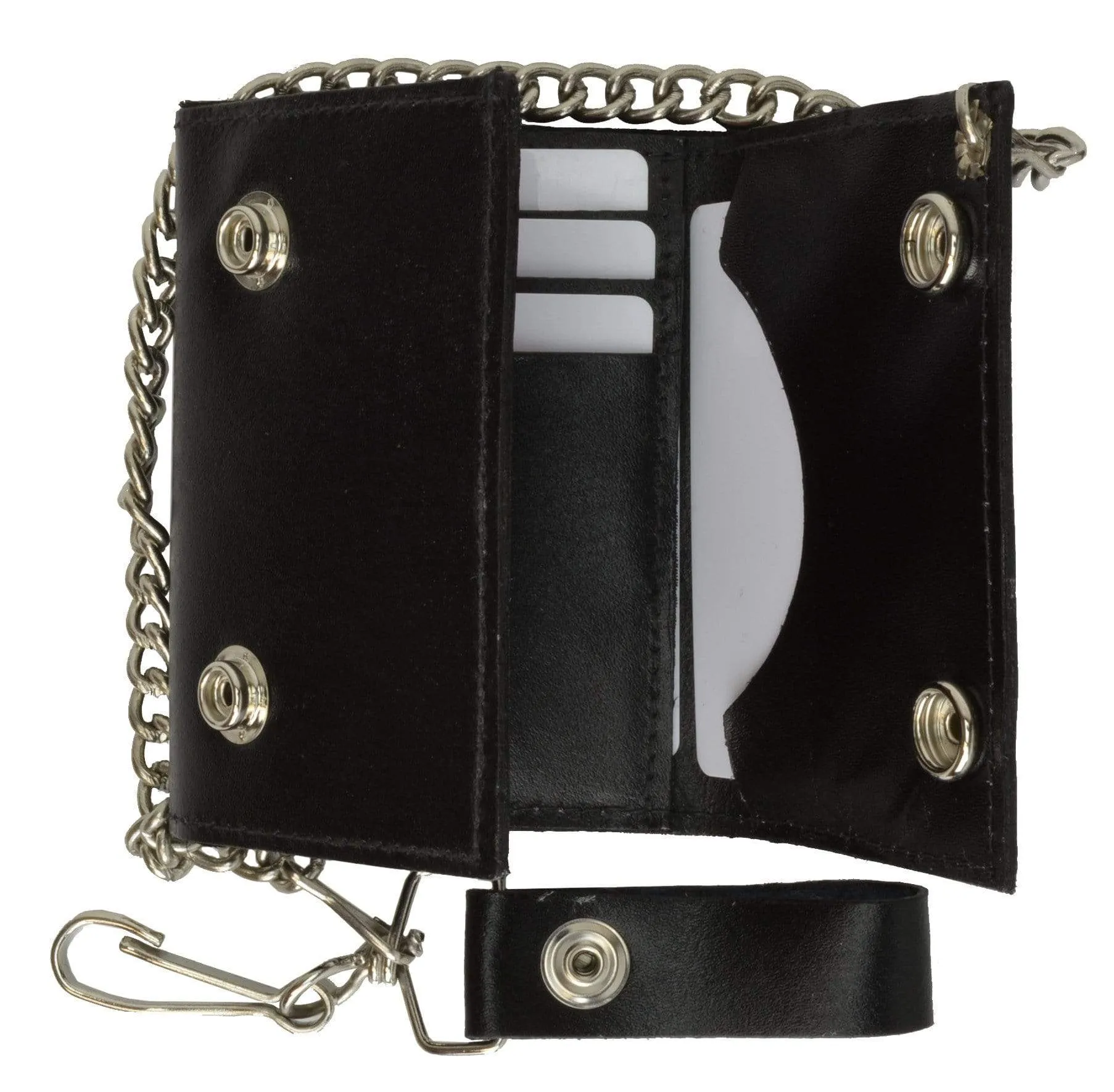 BLACK GENUINE LEATHER Trifold Biker's Wallet ID Card Holder w/ Chain 946-22 (C)