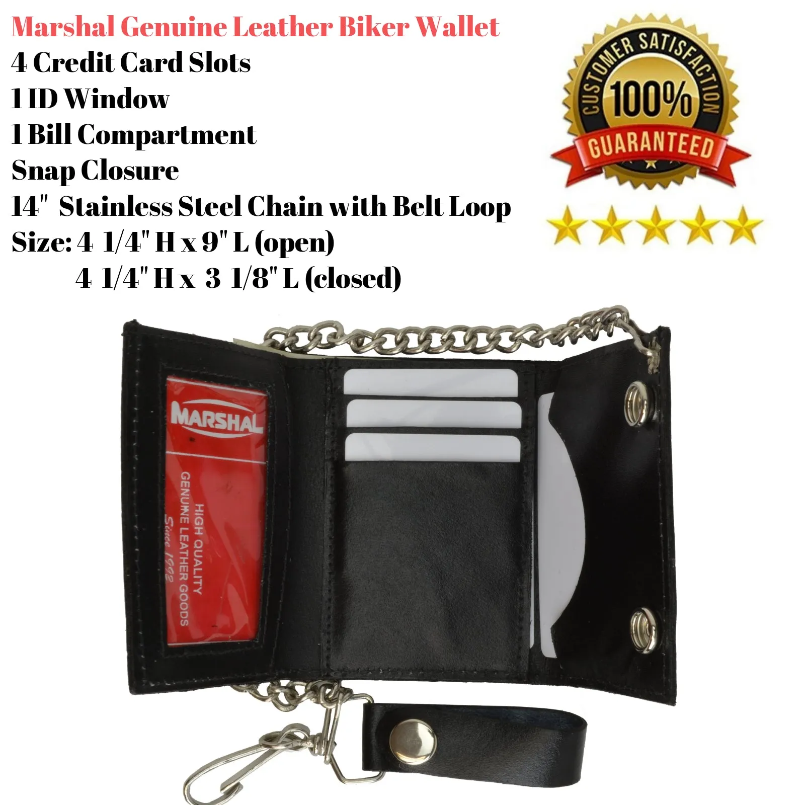 BLACK GENUINE LEATHER Trifold Biker's Wallet ID Card Holder w/ Chain 946-22 (C)