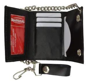 BLACK GENUINE LEATHER Trifold Biker's Wallet ID Card Holder w/ Chain 946-22 (C)