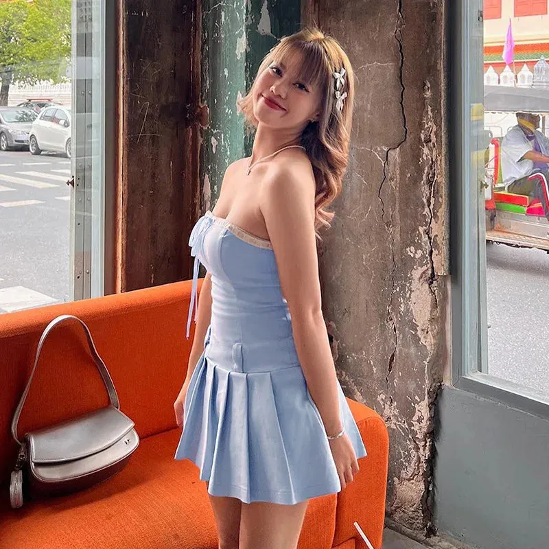 Blue Pleated Stylish Strapless Mini Dress