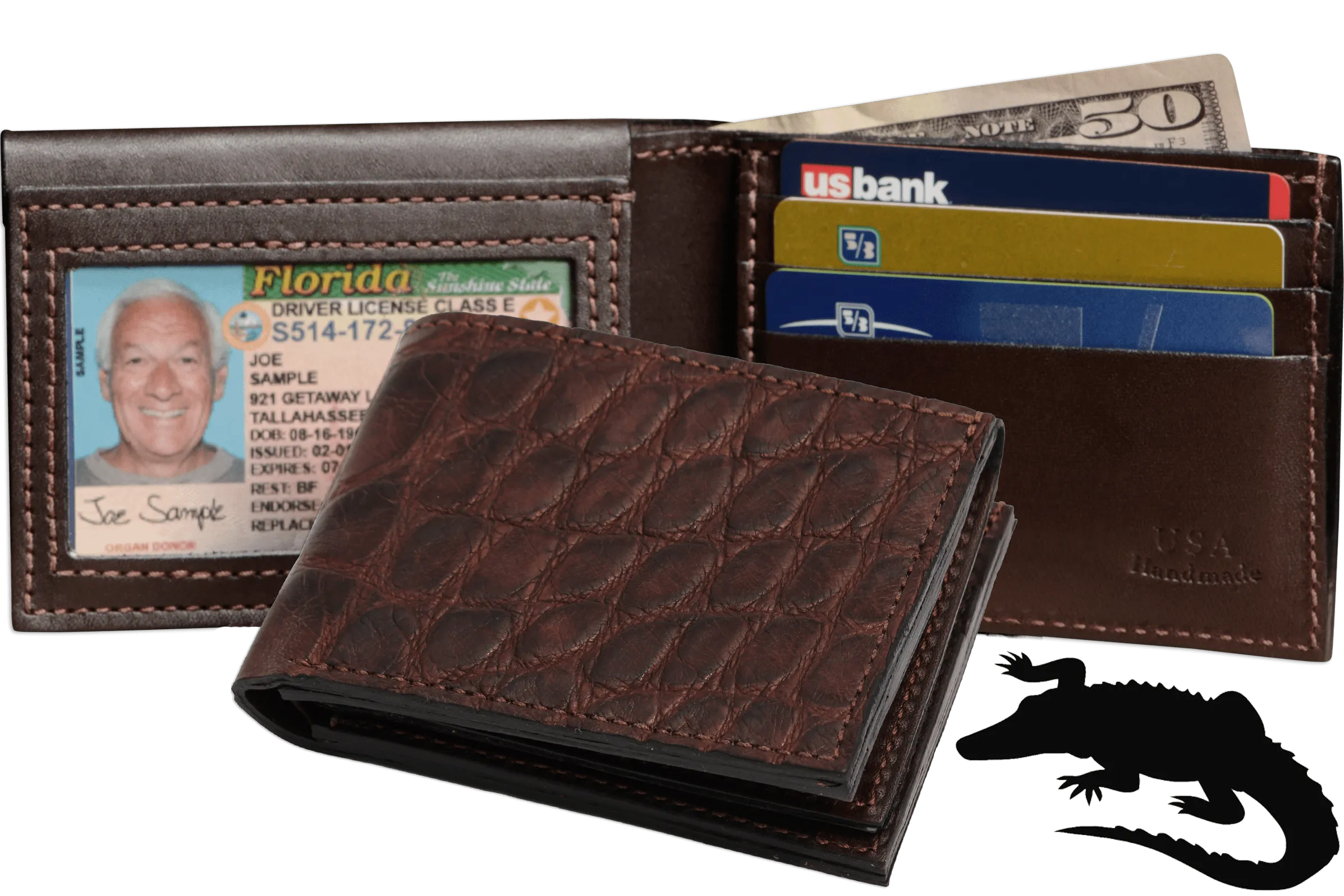 Brown Alligator Luxury Designer Exotic Bifold Wallet With Flip Up ID Window