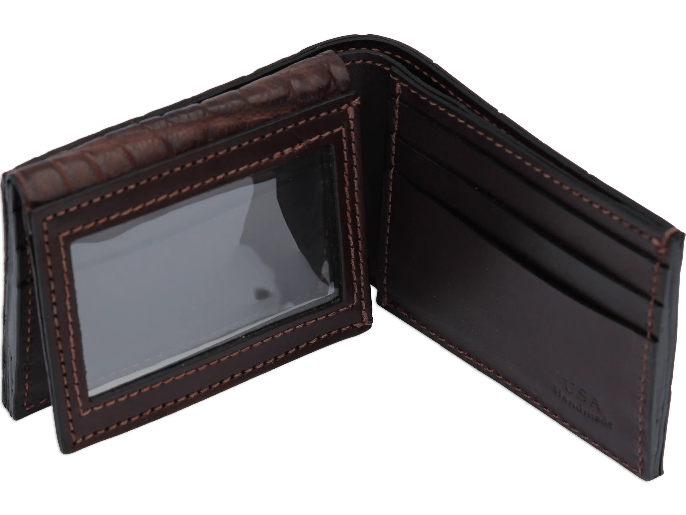 Brown Alligator Luxury Designer Exotic Bifold Wallet With Flip Up ID Window