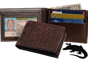 Brown Alligator Luxury Designer Exotic Bifold Wallet With Flip Up ID Window