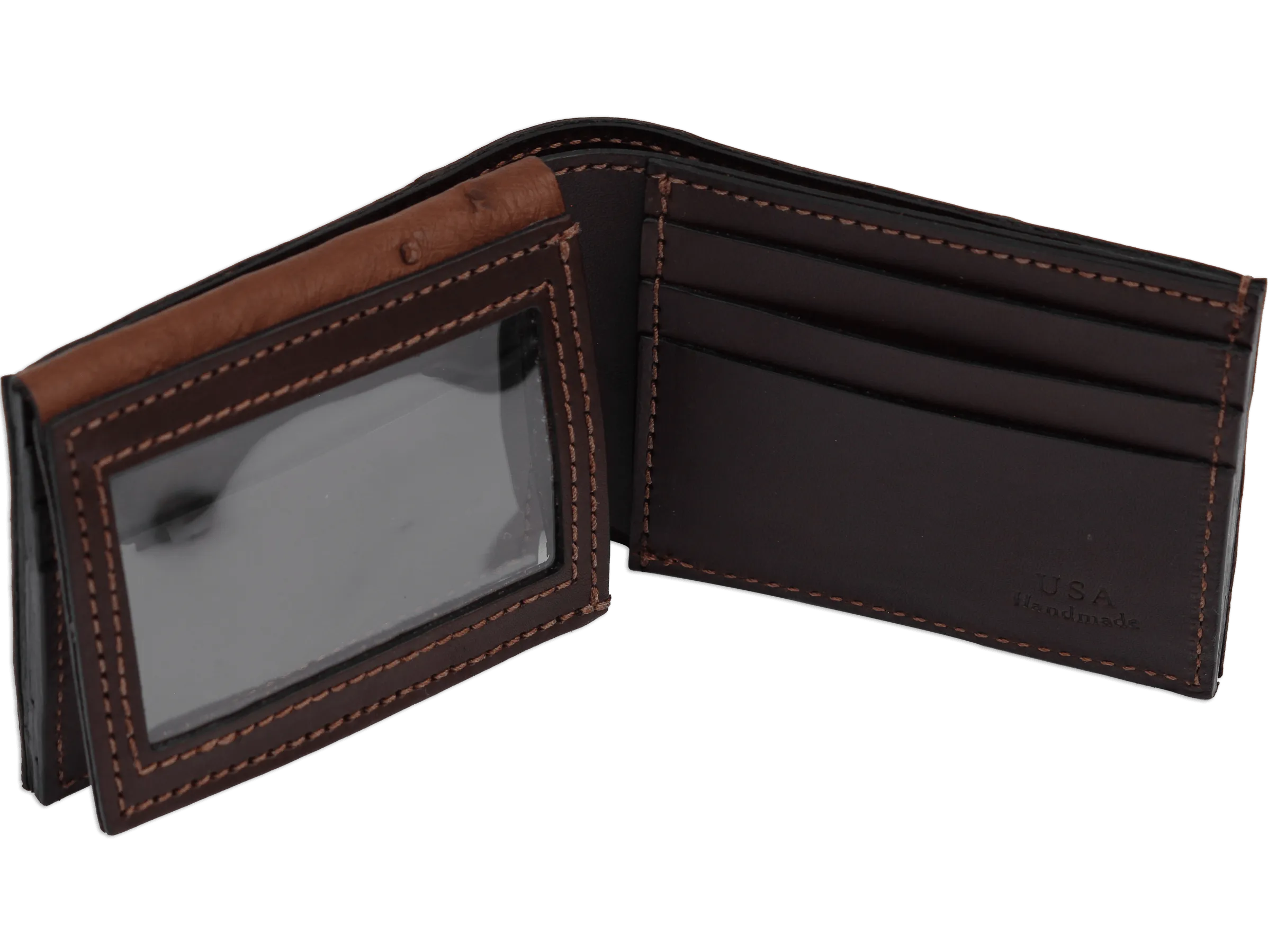 Brown Ostrich Full Quill Luxury Designer Exotic Bifold Wallet With Flip Up ID Window