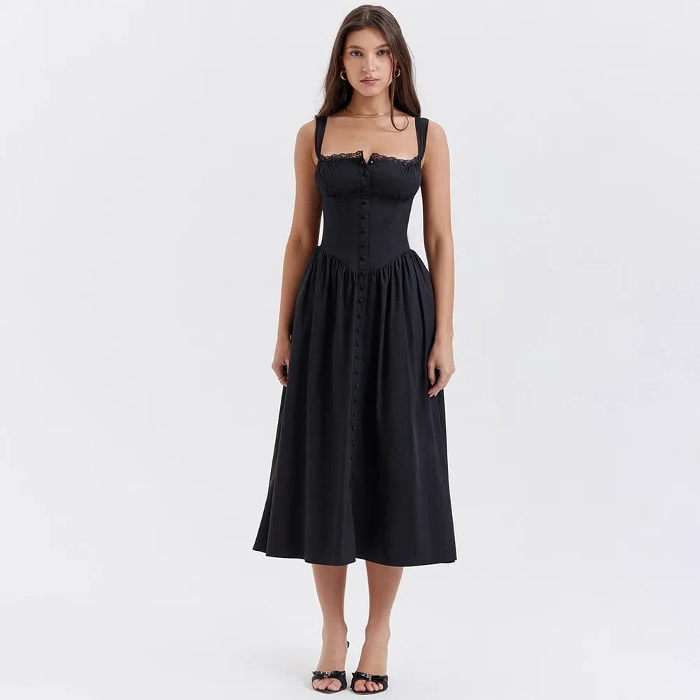 Buttoned Frill Stylish Strap Midi Dress