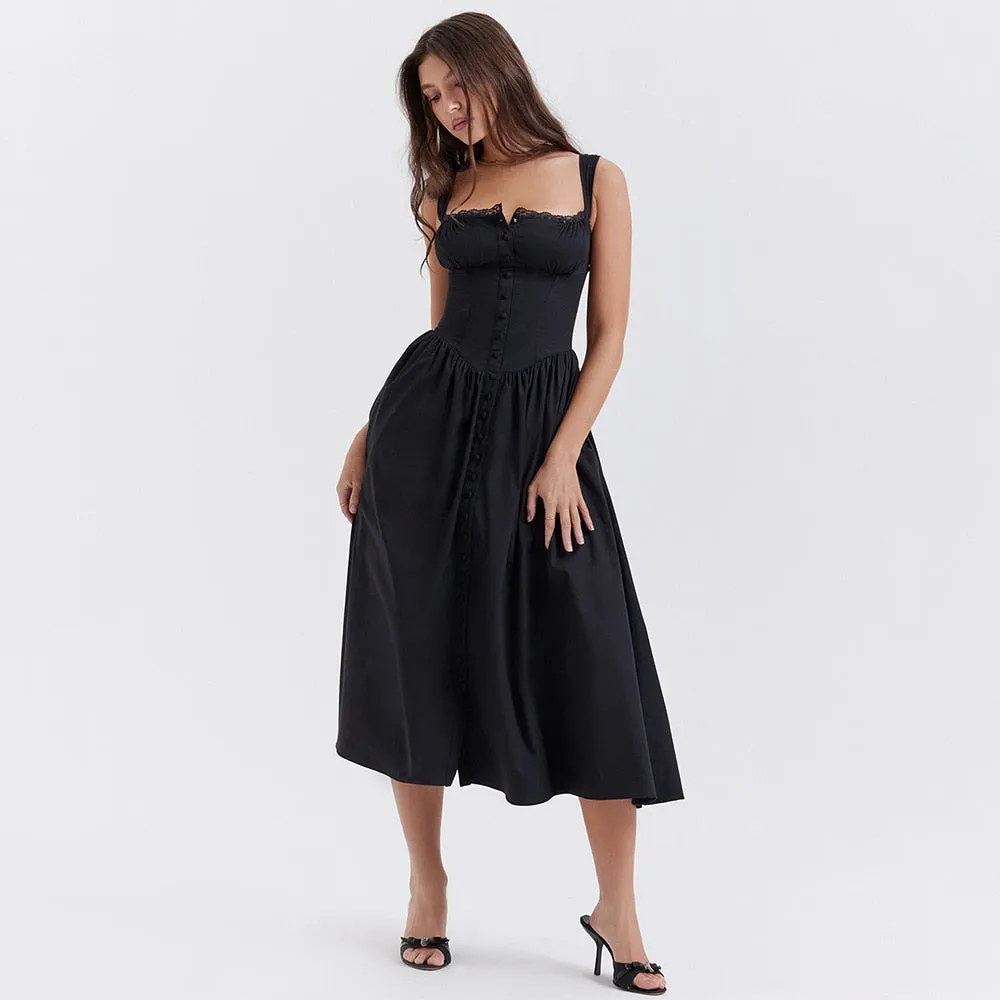 Buttoned Frill Stylish Strap Midi Dress