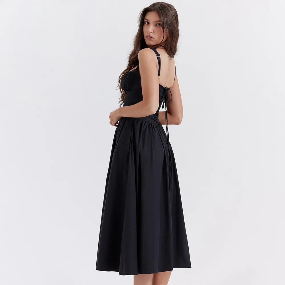 Buttoned Frill Stylish Strap Midi Dress