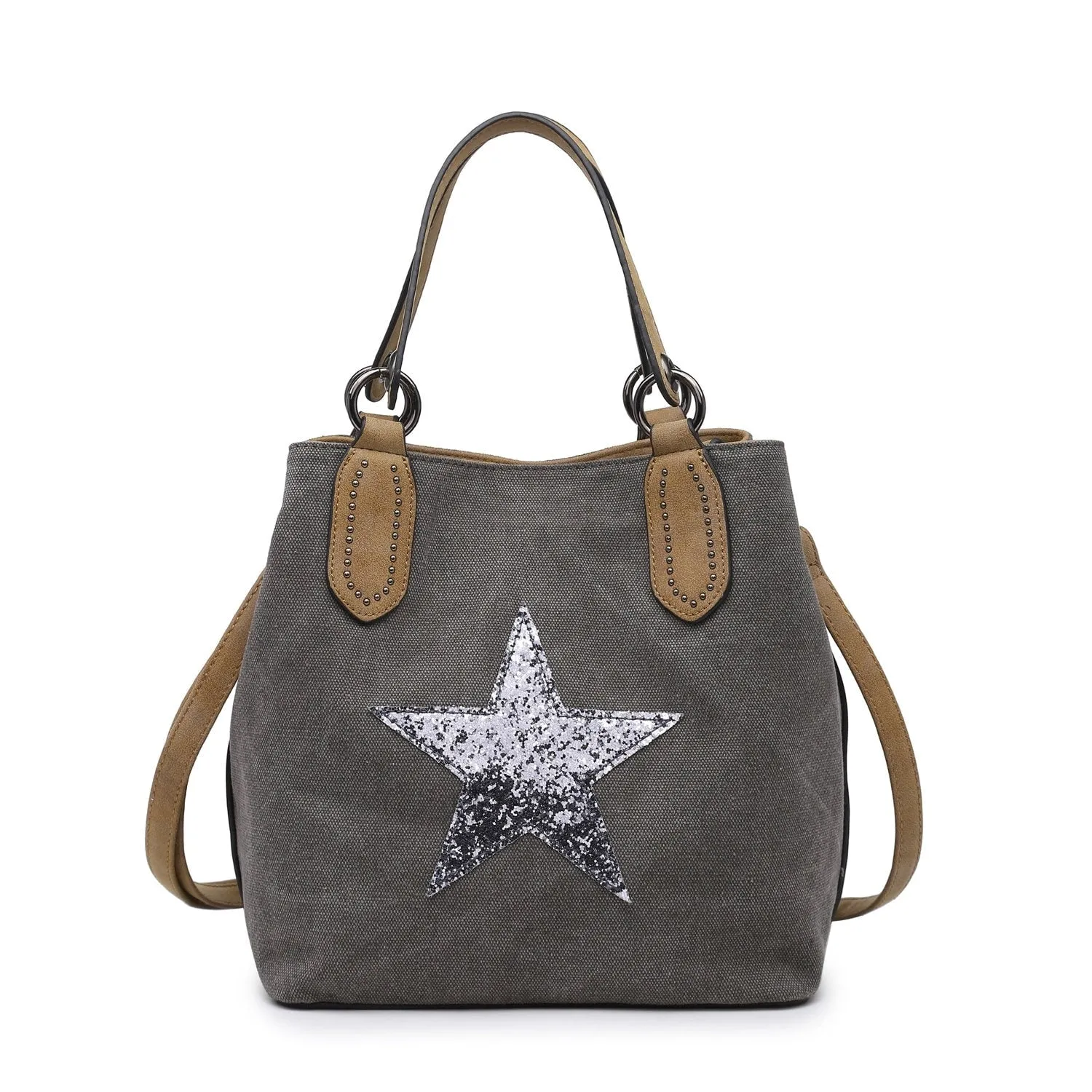 Canvas Sequin Star Handbag - Dark Grey