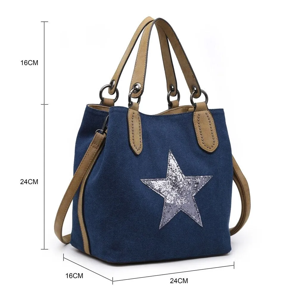 Canvas Sequin Star Handbag - Dark Grey