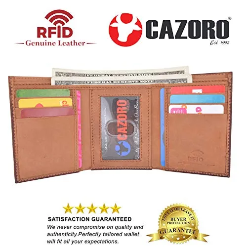 Cazoro Genuine Leather Mens RFID Blocking Slim Trifold Wallet 8 Cards 1 ID Window 2 Bill Pockets