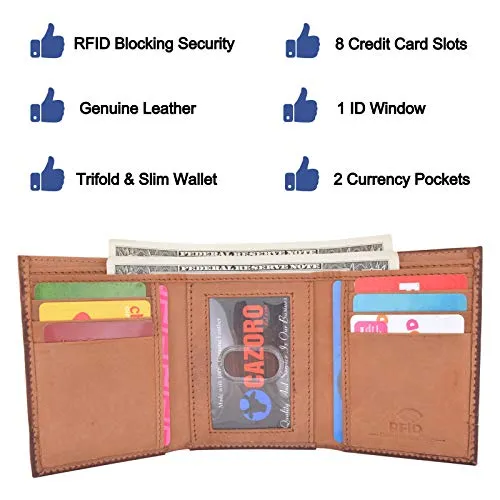 Cazoro Genuine Leather Mens RFID Blocking Slim Trifold Wallet 8 Cards 1 ID Window 2 Bill Pockets