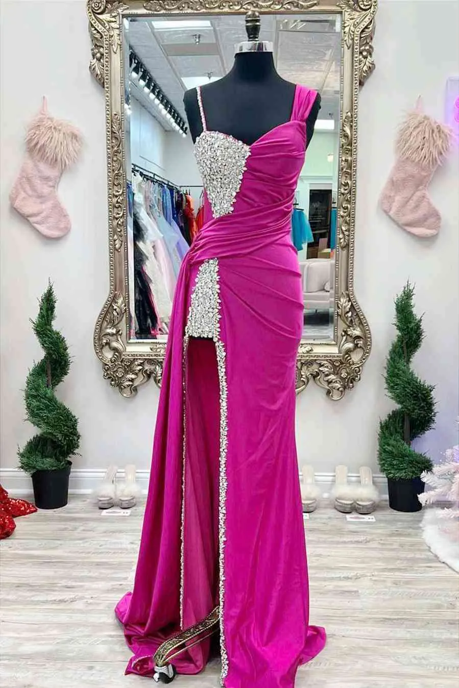 Chic Fuchsia Beaded Long Porm Dress