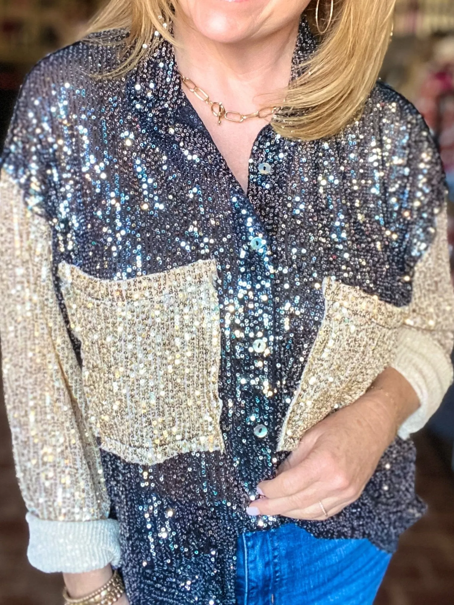 Color Block Sequin Blouse- Black/Gold