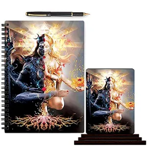 Color Empire Printed God Wooden Idols Figurine Showpiece & Notebook Combo | Adi Shakti Shiv Parvati | A5 Diary | Unrulled Notepad | Spiritual Home Décor Statue