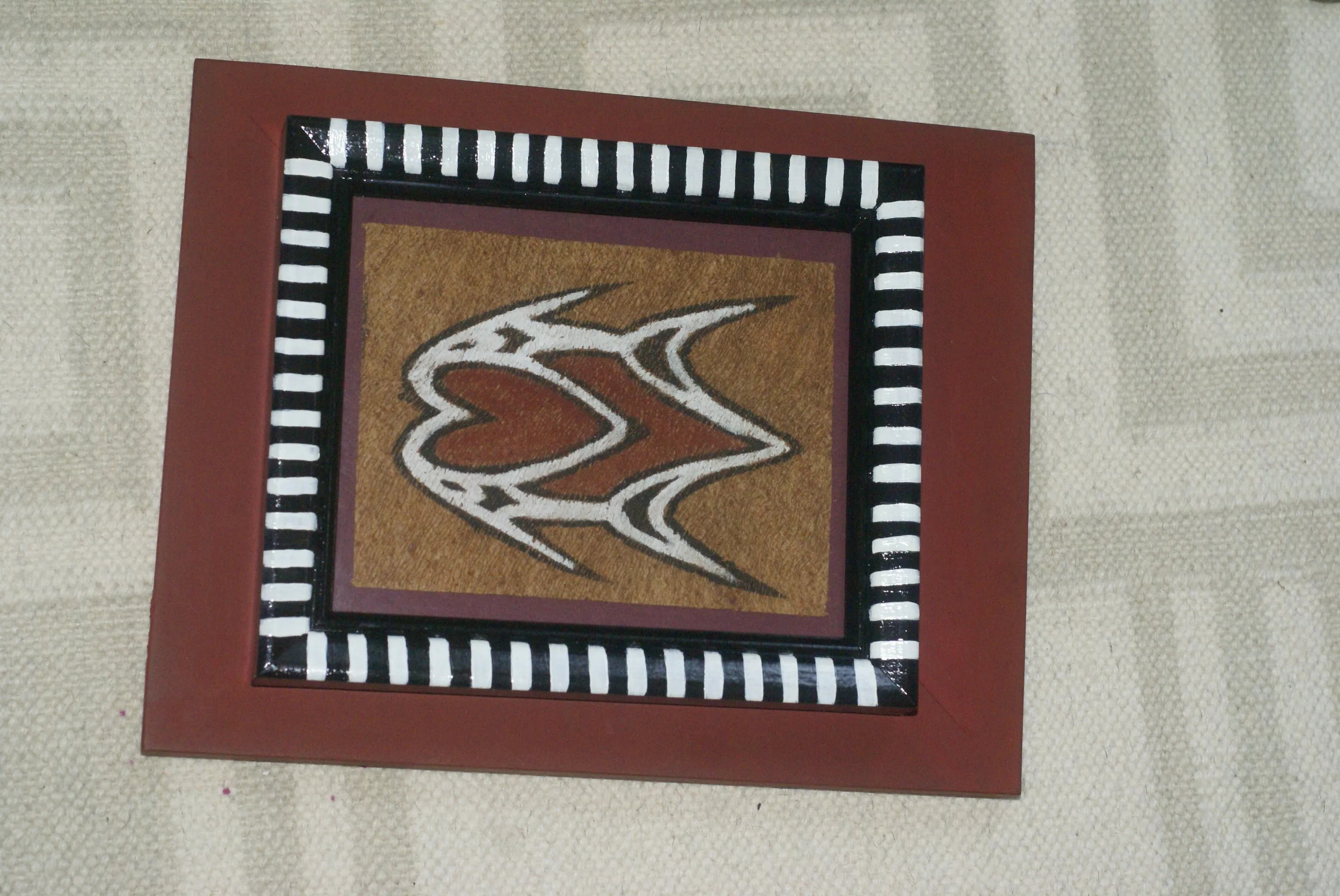 CUSTOM FRAMED Rare Tapa Kapa Bark Cloth (Called Kapa in Hawaii), from Lake Sentani, Irian Jaya, Papua New Guinea. Hand painted with natural pigments by a Tribal Artist: Abstract Geometric Stylized Fish Motifs 7"x 6" DFBA7