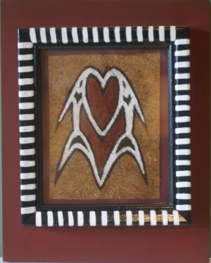 CUSTOM FRAMED Rare Tapa Kapa Bark Cloth (Called Kapa in Hawaii), from Lake Sentani, Irian Jaya, Papua New Guinea. Hand painted with natural pigments by a Tribal Artist: Abstract Geometric Stylized Fish Motifs 7"x 6" DFBA7