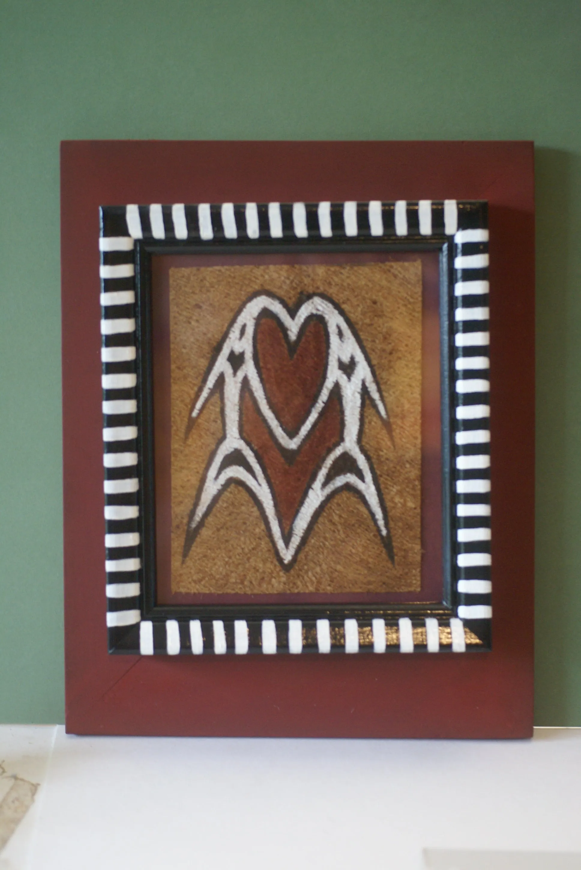 CUSTOM FRAMED Rare Tapa Kapa Bark Cloth (Called Kapa in Hawaii), from Lake Sentani, Irian Jaya, Papua New Guinea. Hand painted with natural pigments by a Tribal Artist: Abstract Geometric Stylized Fish Motifs 7"x 6" DFBA7