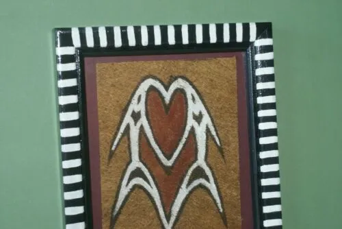 CUSTOM FRAMED Rare Tapa Kapa Bark Cloth (Called Kapa in Hawaii), from Lake Sentani, Irian Jaya, Papua New Guinea. Hand painted with natural pigments by a Tribal Artist: Abstract Geometric Stylized Fish Motifs 7"x 6" DFBA7