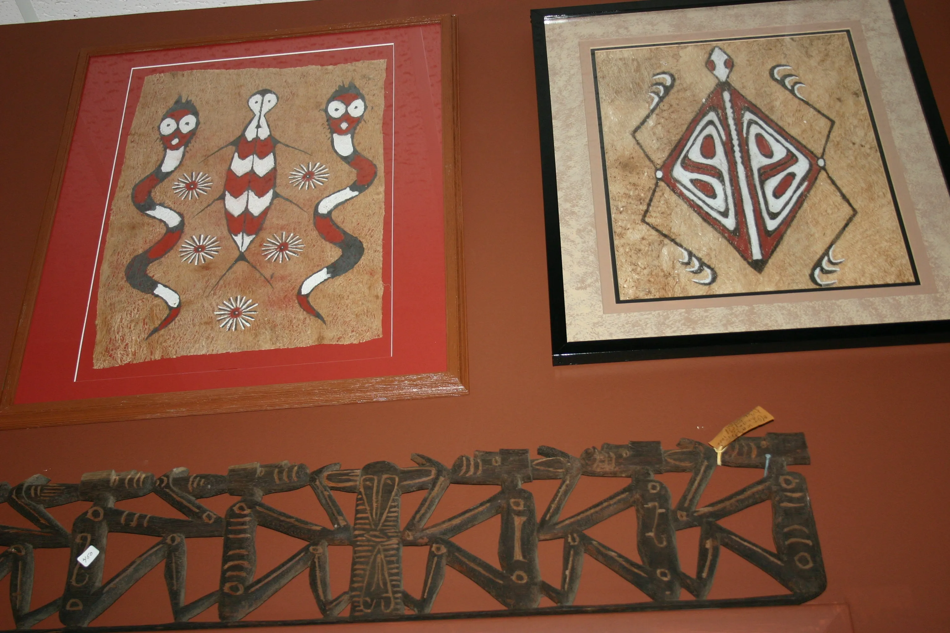 CUSTOM FRAMED Rare Tapa Kapa Bark Cloth (Called Kapa in Hawaii), from Lake Sentani, Irian Jaya, Papua New Guinea. Hand painted with natural pigments by a Tribal Artist: Abstract Geometric Stylized Fish Motifs 7"x 6" DFBA7