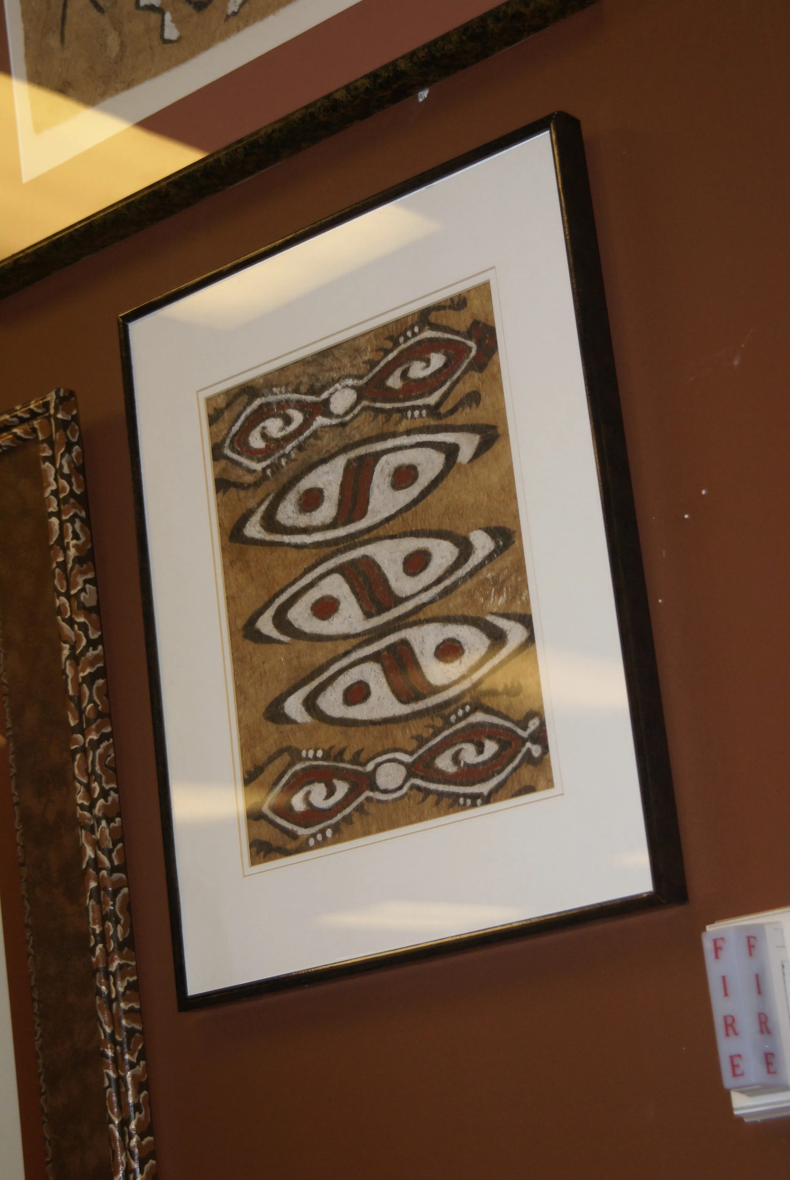 CUSTOM FRAMED Rare Tapa Kapa Bark Cloth (Called Kapa in Hawaii), from Lake Sentani, Irian Jaya, Papua New Guinea. Hand painted with natural pigments by a Tribal Artist: Abstract Geometric Stylized Fish Motifs 7"x 6" DFBA7