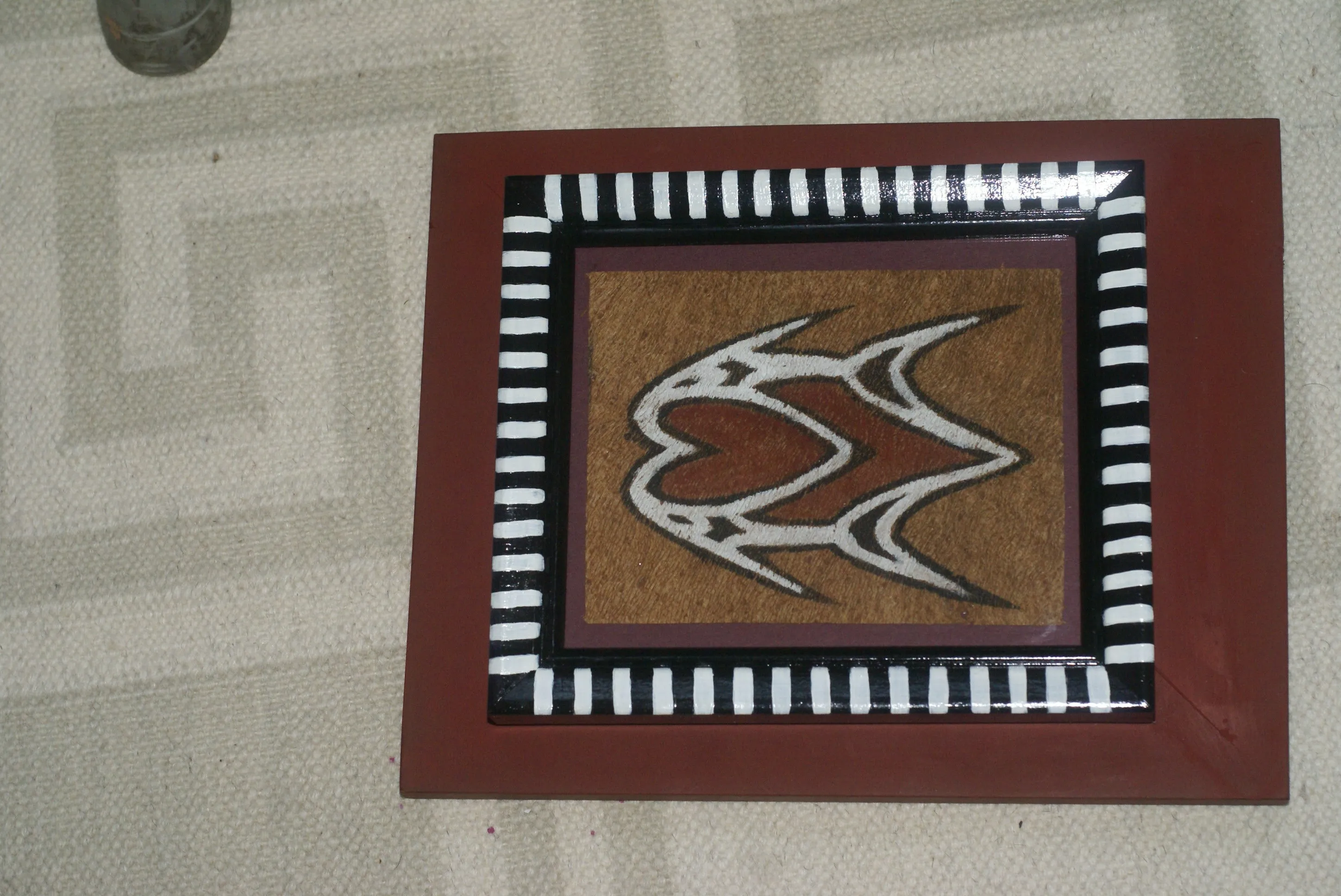 CUSTOM FRAMED Rare Tapa Kapa Bark Cloth (Called Kapa in Hawaii), from Lake Sentani, Irian Jaya, Papua New Guinea. Hand painted with natural pigments by a Tribal Artist: Abstract Geometric Stylized Fish Motifs 7"x 6" DFBA7