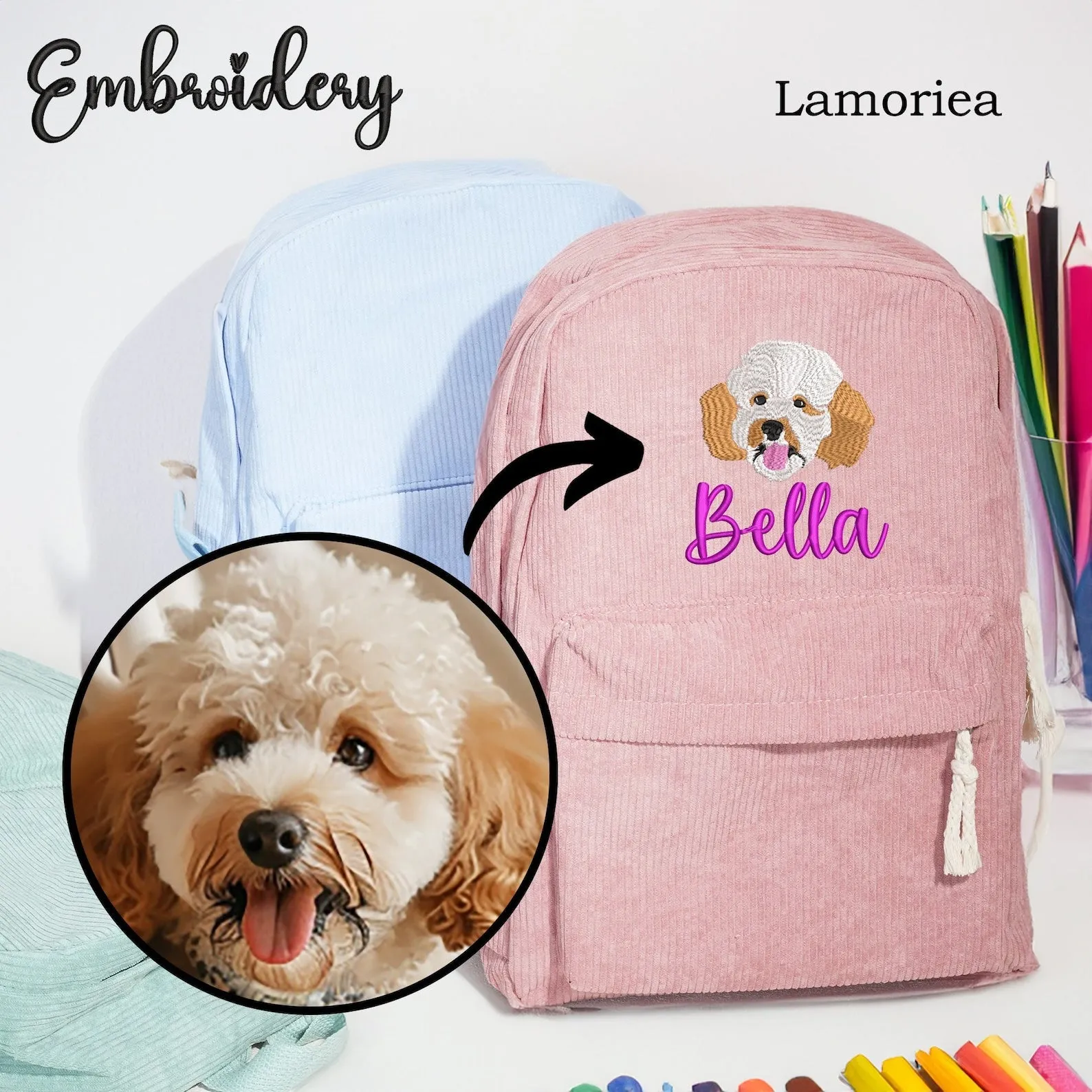 Custom Pet Embroidery Backpack, Pet Lover Kid's Backpack, Back to School, Pet Gift, Personalized Pet Gifts for Kids, Pet Photo Bag for Child