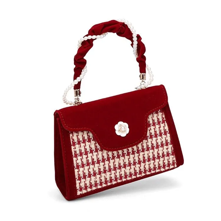 Cute Red & White Minimalist Simple Slick Houndstooth Luxury Handheld Wraparound Pearls Strap Handle Velvet Handbag for Women, Shoulder Bag