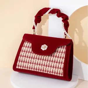 Cute Red & White Minimalist Simple Slick Houndstooth Luxury Handheld Wraparound Pearls Strap Handle Velvet Handbag for Women, Shoulder Bag