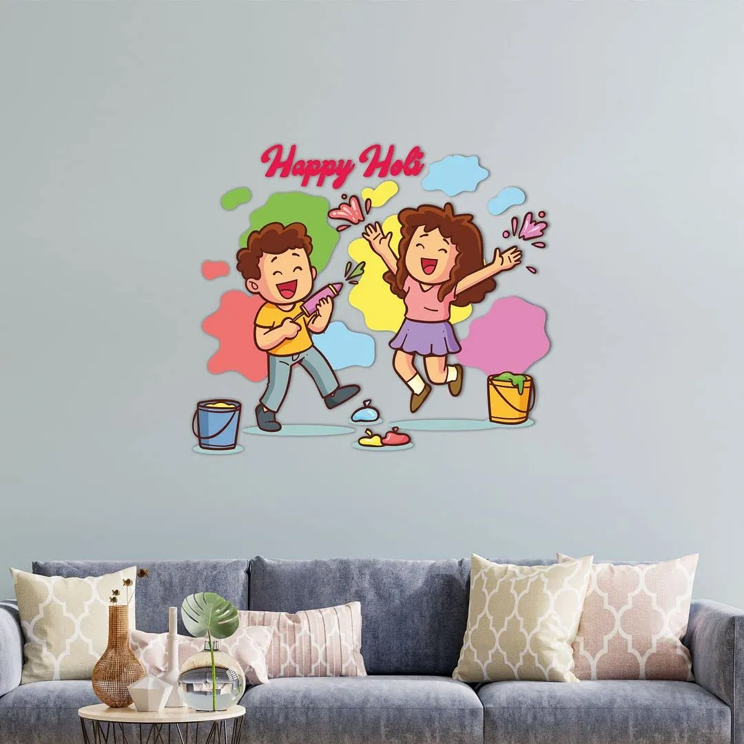 CVANU Festival of Colour/Holi Party Special/Happy Holi Children Playing Holi Wall Sticker Self-Adhesive, Waterproof Vinyl Sticker Multicolour Size [60CM X 70CM]_C02