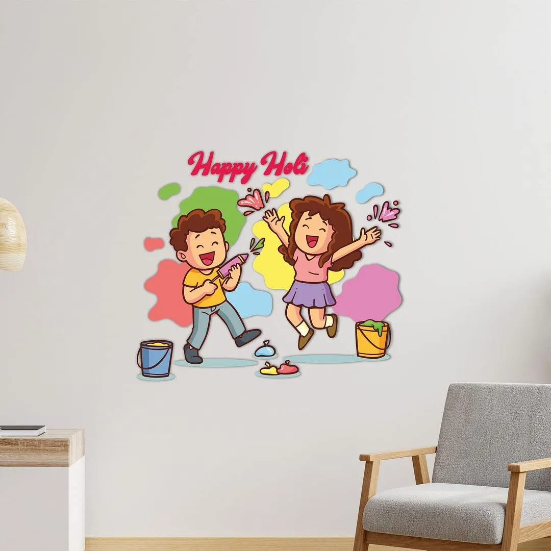 CVANU Festival of Colour/Holi Party Special/Happy Holi Children Playing Holi Wall Sticker Self-Adhesive, Waterproof Vinyl Sticker Multicolour Size [60CM X 70CM]_C02