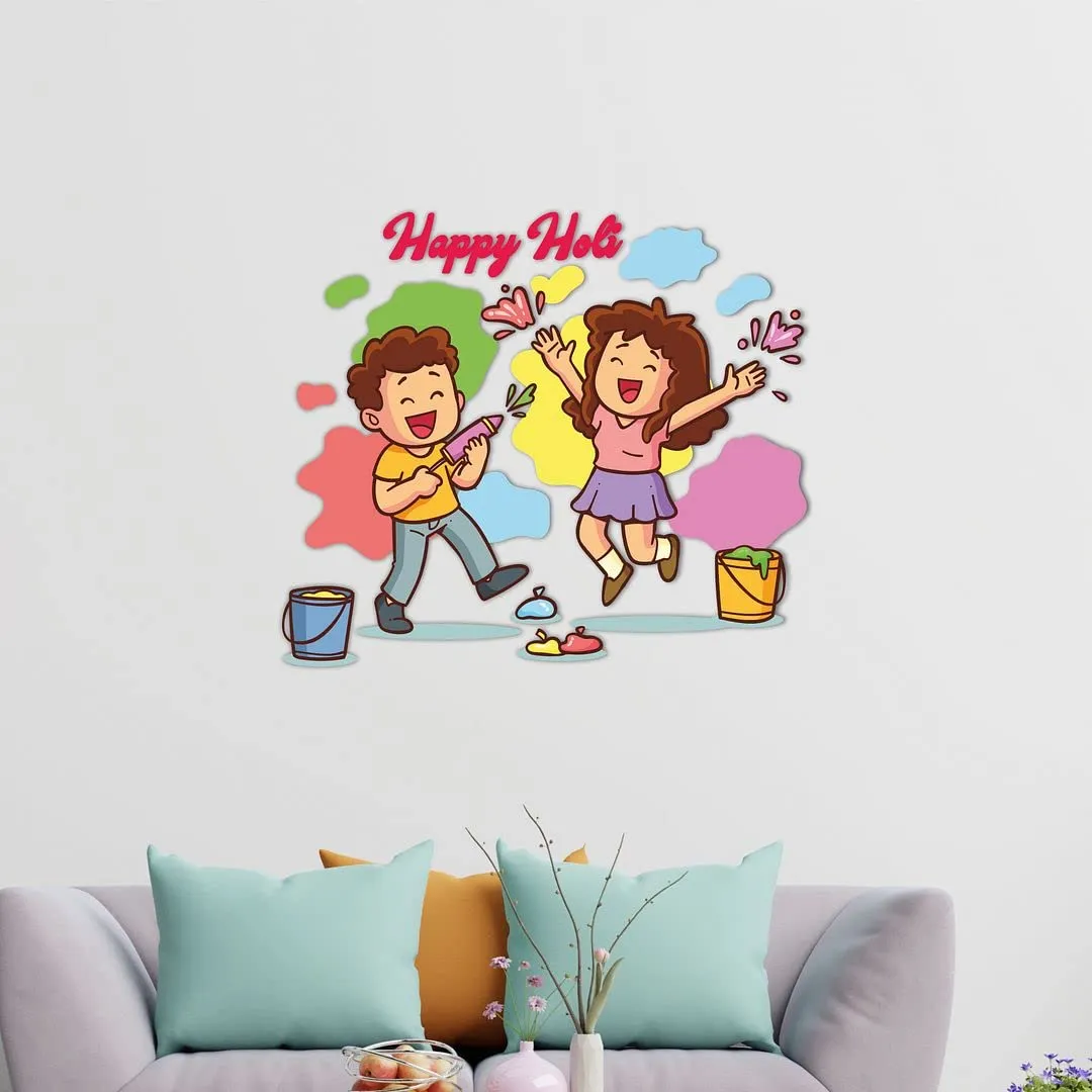 CVANU Festival of Colour/Holi Party Special/Happy Holi Children Playing Holi Wall Sticker Self-Adhesive, Waterproof Vinyl Sticker Multicolour Size [60CM X 70CM]_C02