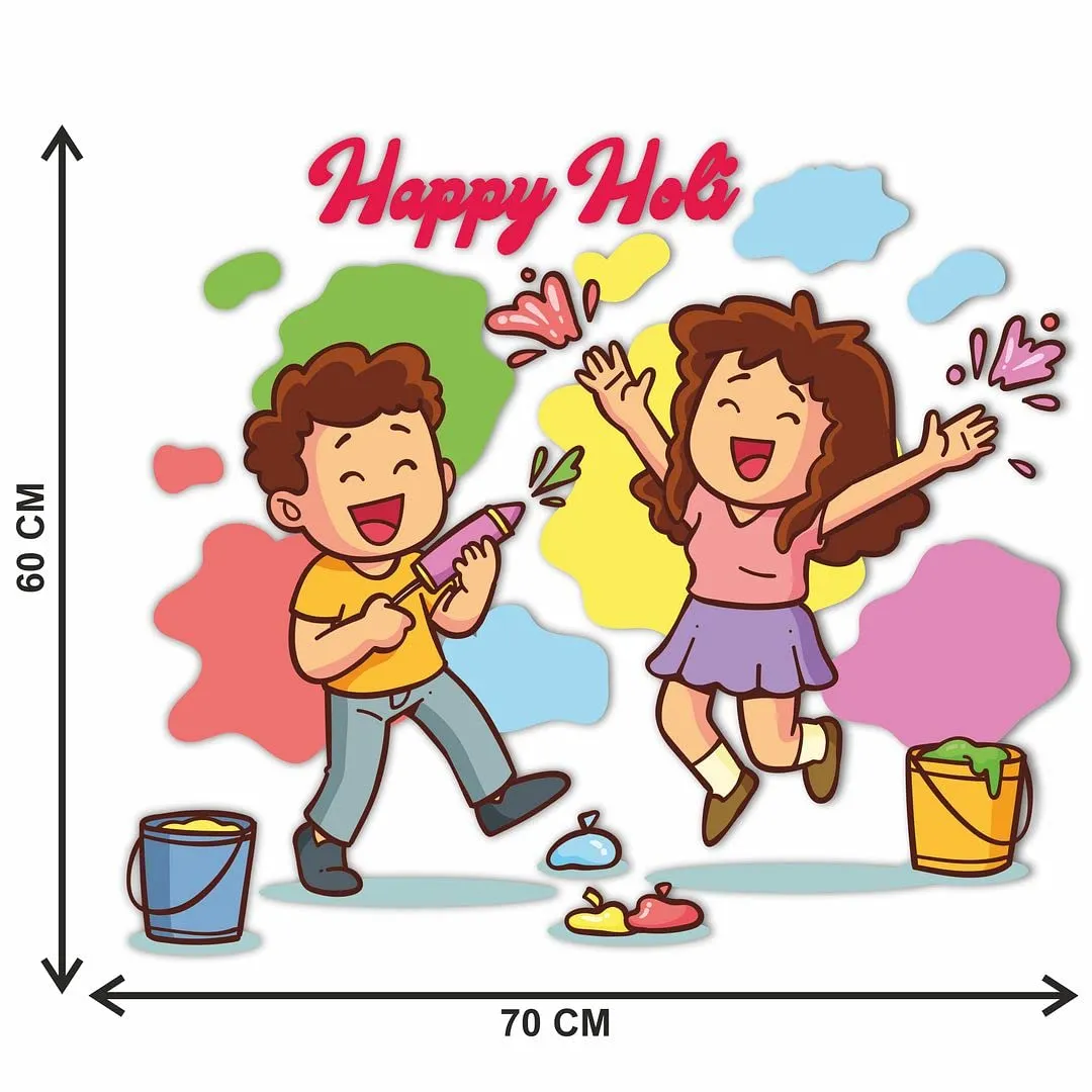 CVANU Festival of Colour/Holi Party Special/Happy Holi Children Playing Holi Wall Sticker Self-Adhesive, Waterproof Vinyl Sticker Multicolour Size [60CM X 70CM]_C02