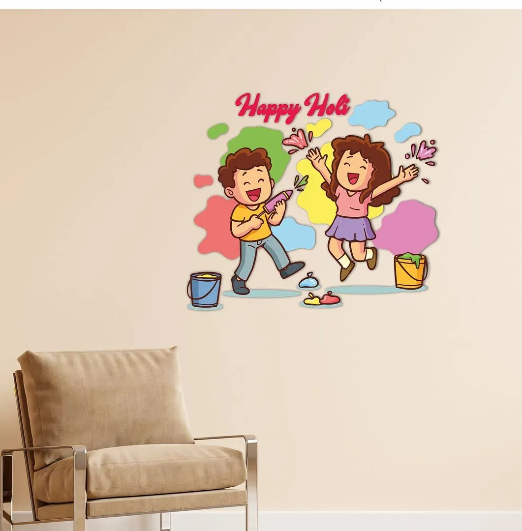 CVANU Festival of Colour/Holi Party Special/Happy Holi Children Playing Holi Wall Sticker Self-Adhesive, Waterproof Vinyl Sticker Multicolour Size [60CM X 70CM]_C02