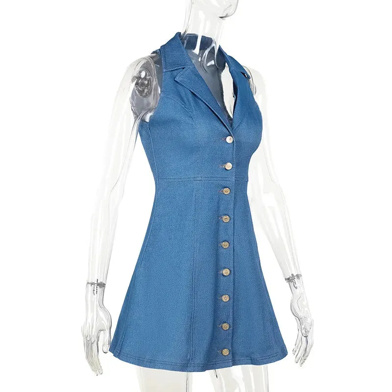 Denim Halter Stylish Collar Mini Dress