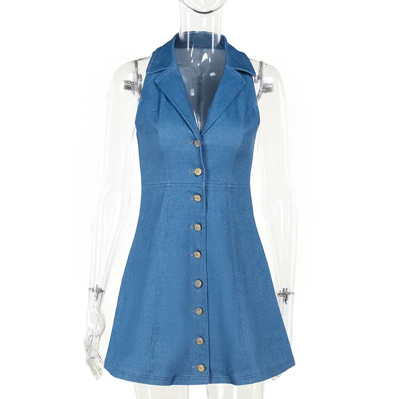 Denim Halter Stylish Collar Mini Dress