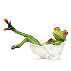 Dorlotou Frog Cute Funny Green Frog Figurines Lying in The Bathtub Frog Sculpture Statue for Home Desk Bathroom Decoration,6081