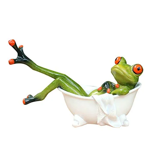 Dorlotou Frog Cute Funny Green Frog Figurines Lying in The Bathtub Frog Sculpture Statue for Home Desk Bathroom Decoration,6081