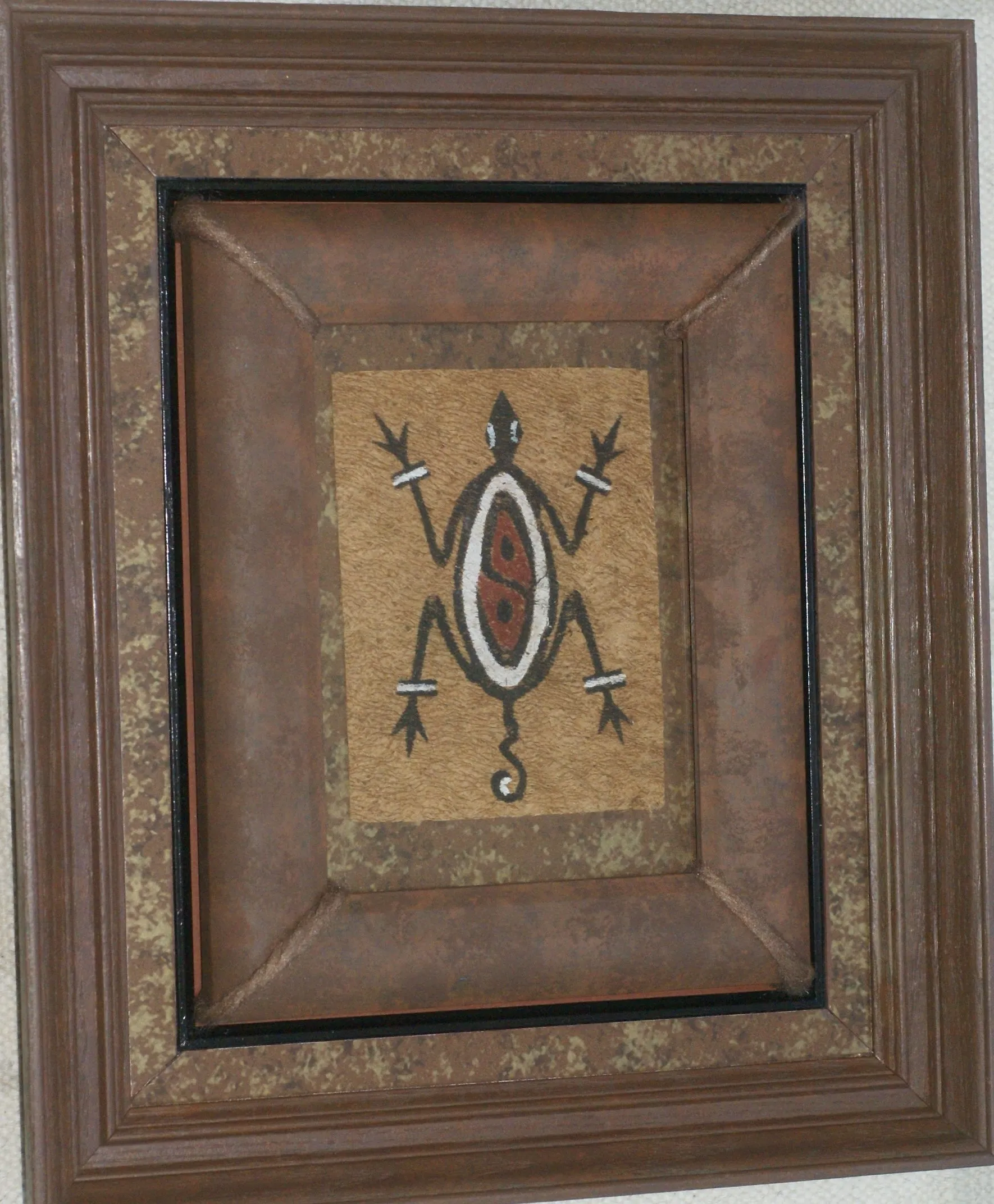 DOUBLE CUSTOM FRAMED Rare Tapa Kapa Bark Cloth (Kapa in Hawaii), from Lake Sentani, Irian Jaya, Papua New Guinea. Hand painted with natural pigments by a Tribal Artist: Abstract Geometric Stylized Turtle Motifs 13.75" x 11.75", ITEM: DFBA11