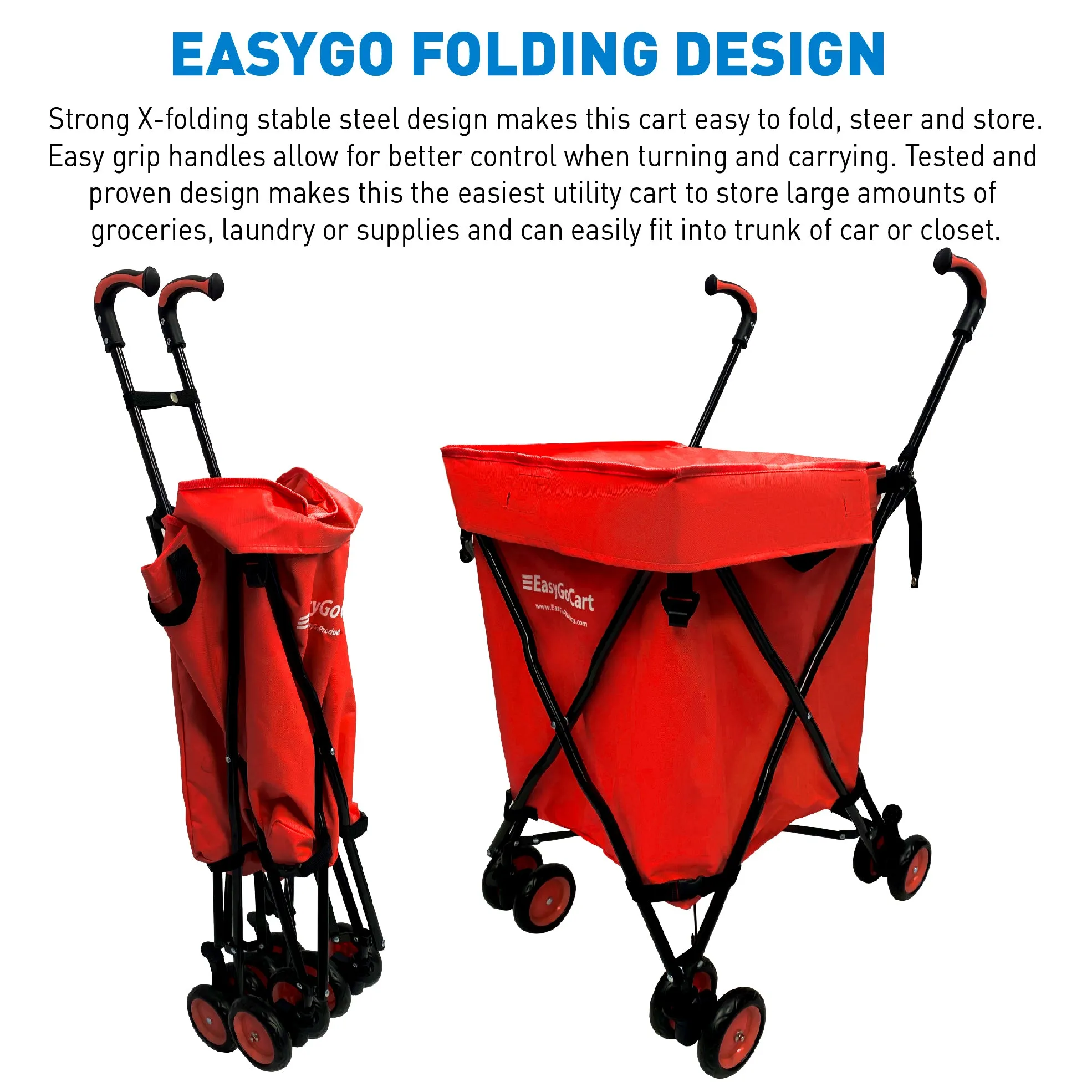 EasyGo Cart Folding Grocery Shopping and Laundry Utility Cart – Removable Water-Resistant Canvas Bag - Front Locking Swivel Wheels – Rear Brakes - Easy Folding - 120lbs Capacity – Copyrighted – RED