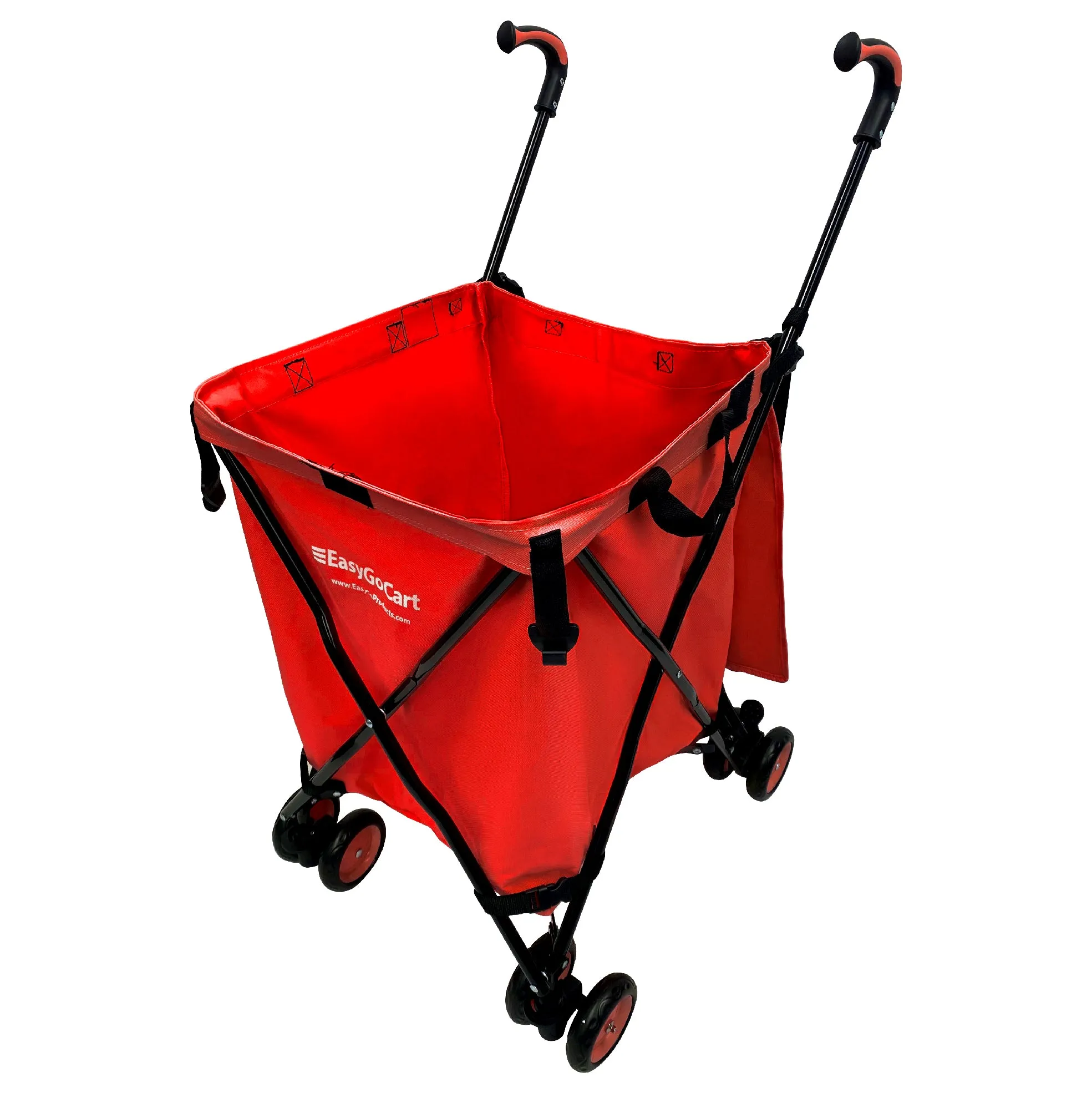 EasyGo Cart Folding Grocery Shopping and Laundry Utility Cart – Removable Water-Resistant Canvas Bag - Front Locking Swivel Wheels – Rear Brakes - Easy Folding - 120lbs Capacity – Copyrighted – RED