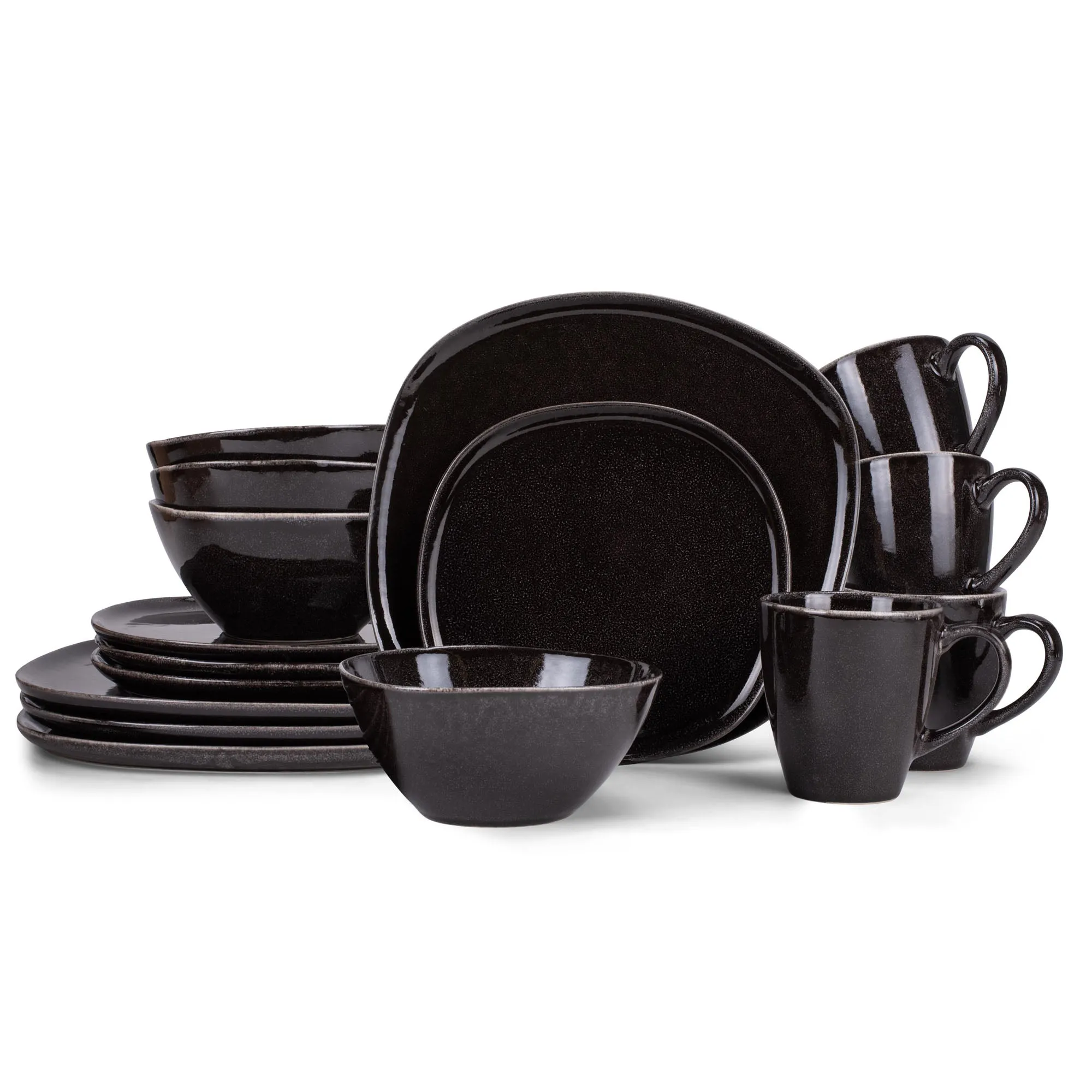 Elanze Designs Modern Chic Smooth Ceramic Stoneware Dinnerware 16 Piece Set - Service for 4, Black